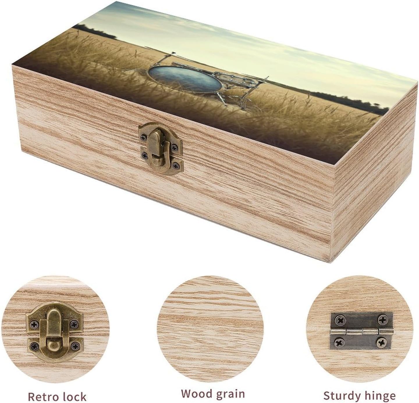 Music Drum in Field Wooden Keepsake Box Vintage Style Wooden Storage Boxes with Hinged Lid Memory Treasure Box Solid Wood Memory Boxes Jewelry & Photos for Organizer image 3