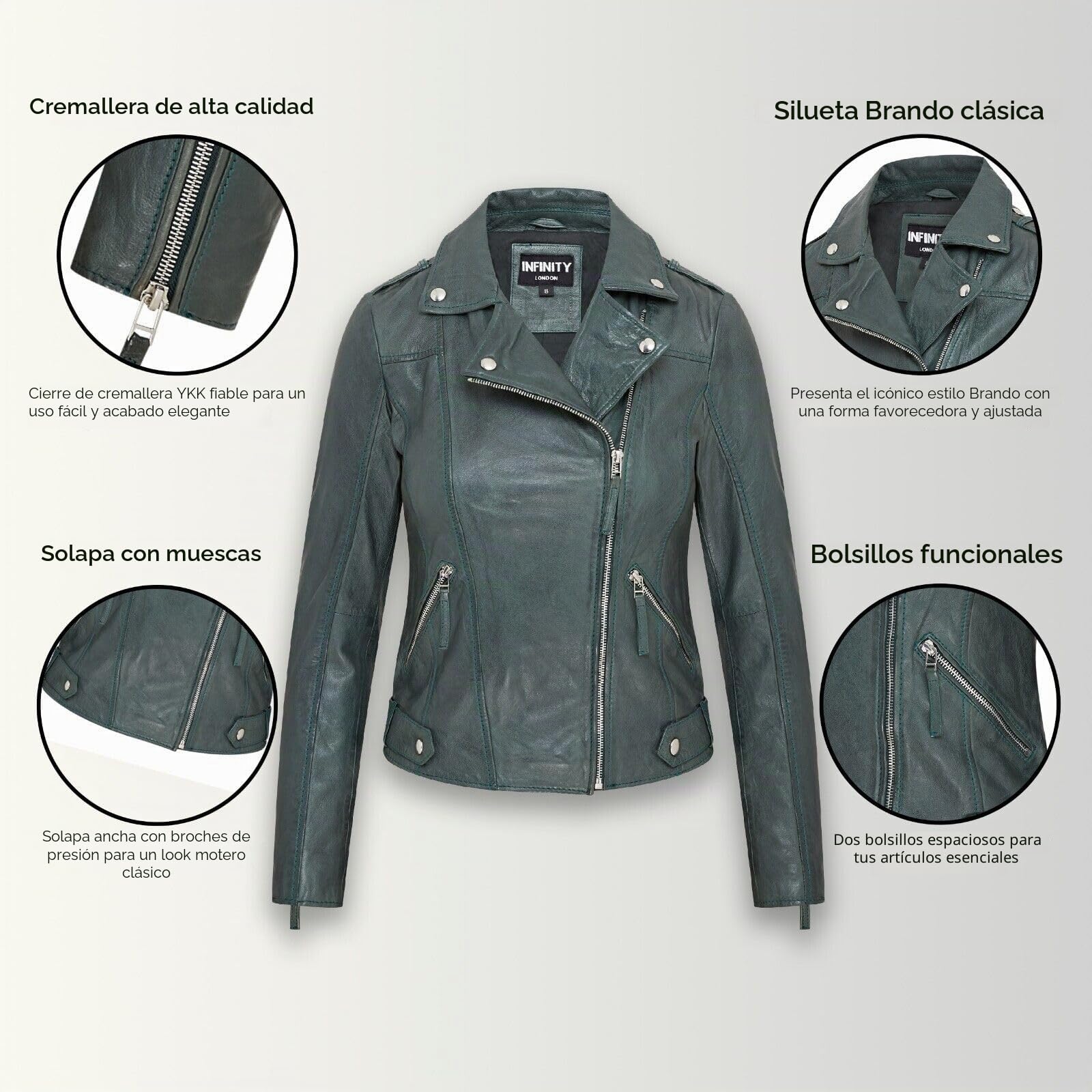 Infinity Leather Chaqueta de Cuero Estilo Motero Brando Verde con Cremallera Clásica Para Mujer