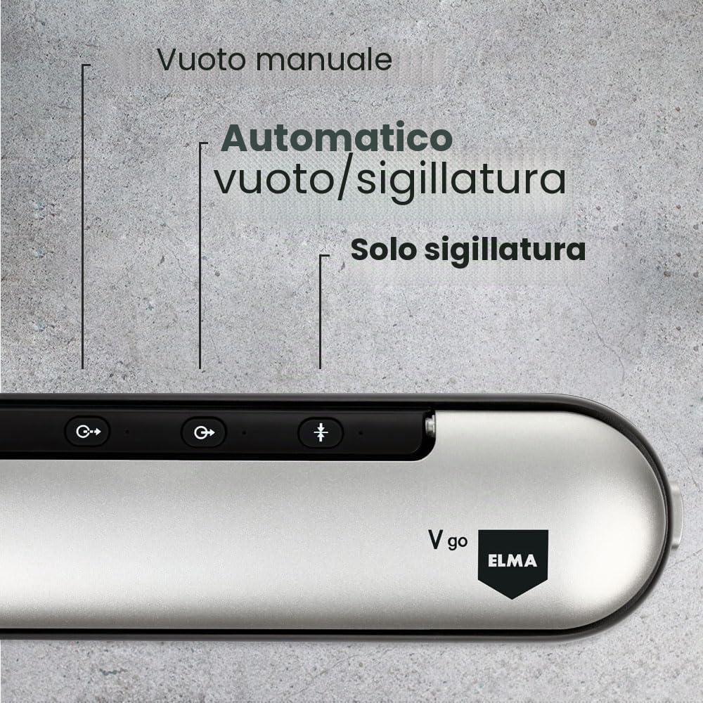 ELMA Macchina Sottovuoto a Bateria, Macchina Sottovuoto Domestica V Go per il Confezionamento di Alimenti Secchi | Wireless, Barra Saldante 30 cm, 37,6 x 7,8 x 5,8 cm | Include 1 Rotolo di Sacchetti