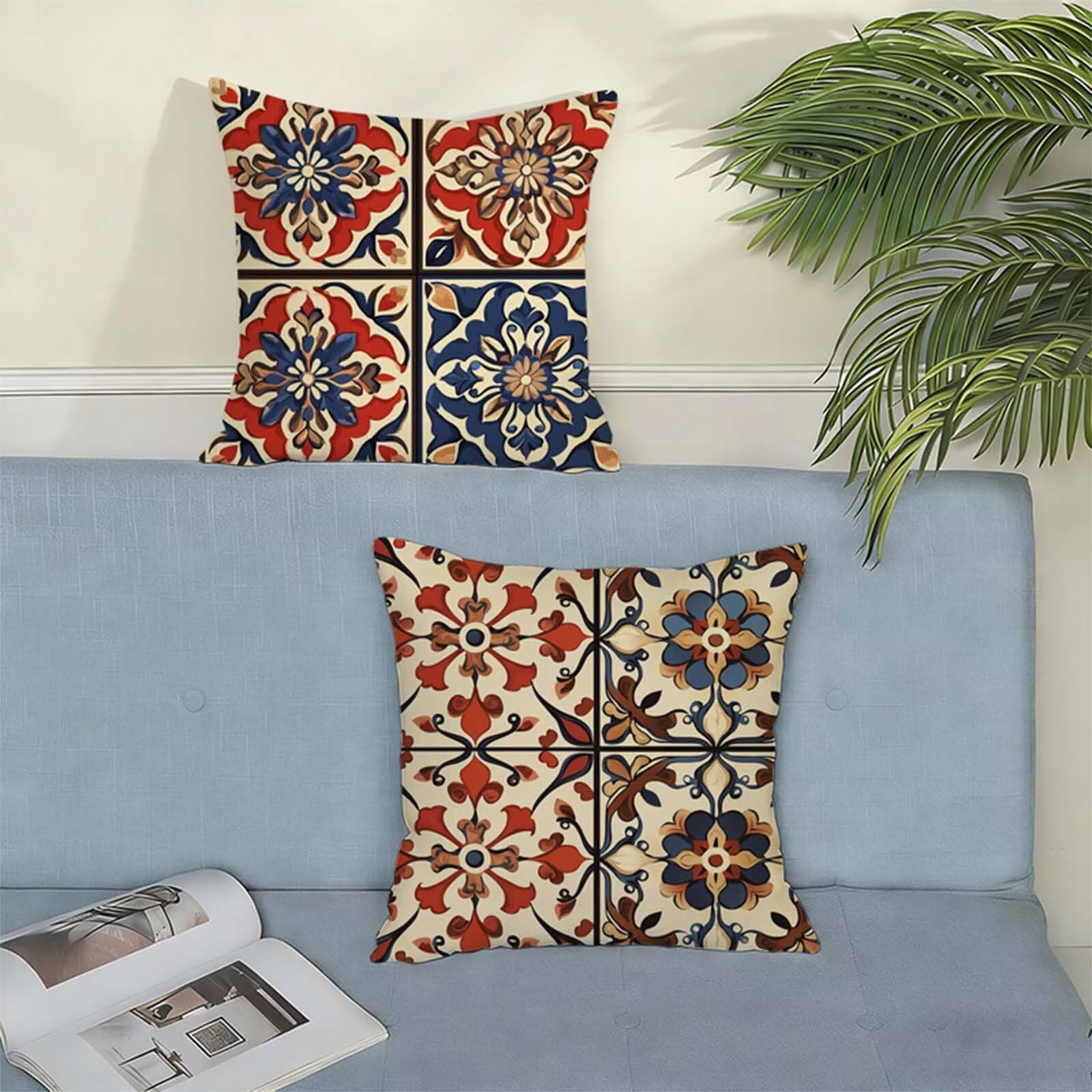 Juego de 2 Funda Cojin 80x80 Bohemia, Cuadrada Impermeable Fundas Cojines Retro Lino Impresión a Doble Cara con Cremallera Oculta, Apto para Todas las Estaciones Funda Almohada para Sofá o Salón X-335