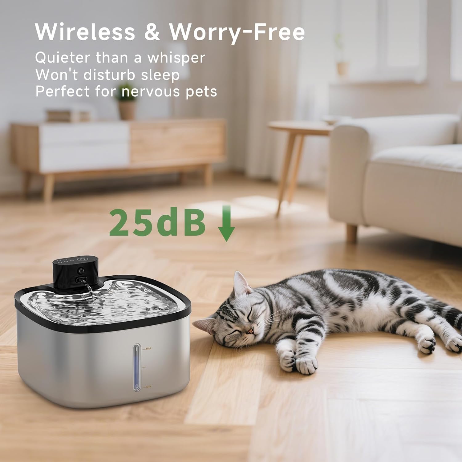 Cat Water Fountain Stainless Steel, 118oz/3.5L Cordless Automatic Pet Water Dispenser for Cats Indoor, with Motion Sensor, Ultra Quiet Pump, Rechargeable & Multi-Filtration (Silver) - Image 6