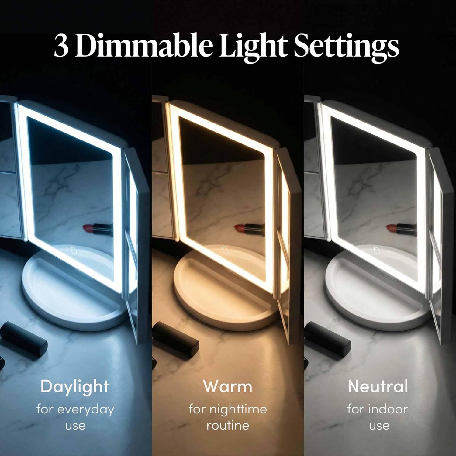 Fancii LED Lighted Vanity Makeup Mirror, Rechargeable Trifold Mirror with 5X & 10x Magnifications - 68 Dimmable Natural Lights, Touch Screen, Best Adjustable Make Up Mirror with Cosmetic Stand - Image 4