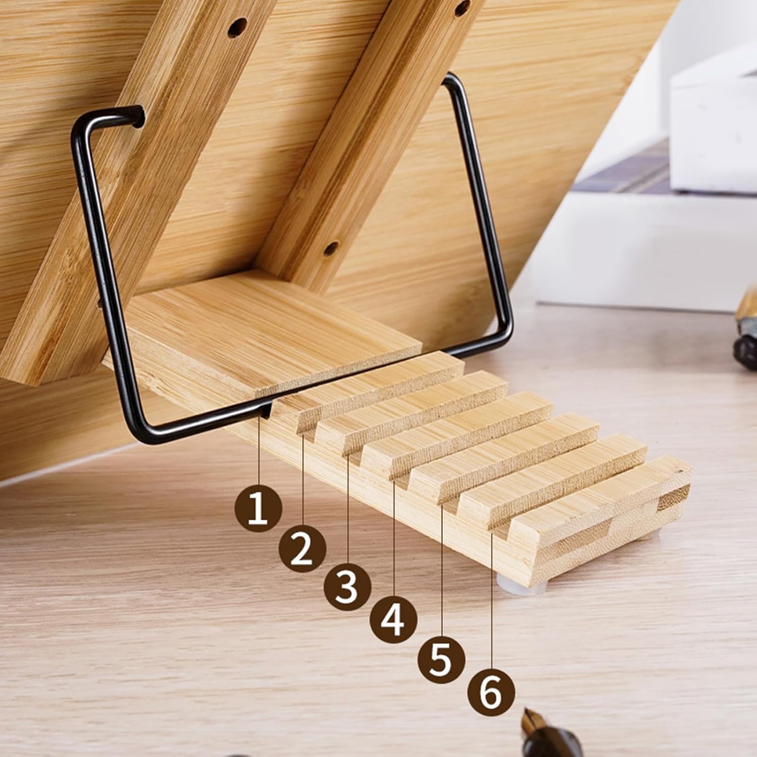 Wood Bookstand 6 Angles Adjustable Reading Book Holder Cookbooks Stand with Metal Page Clip for Textbook Music Scores