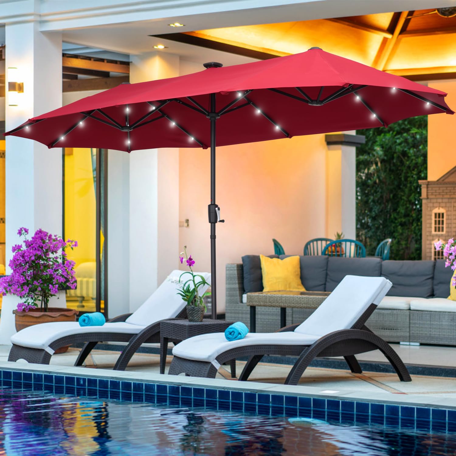 Patio Umbrella, 13/15FT Large Double Sided Outdoor Umbrella with Solar Lights for Pool Garden Deck and Backyard - Without Base
