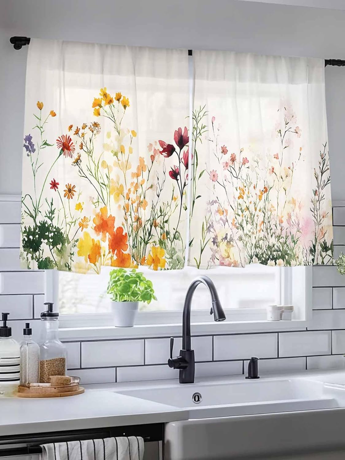 Beige Floral Spring Sheer Curtains 45 Inch Length 2 Panels Set, Vintage Farmhouse Flowers Voile Window Treatment Rod Pocket Small Kitchen Curtains Drapes for Bedroom 52"x45"x2
