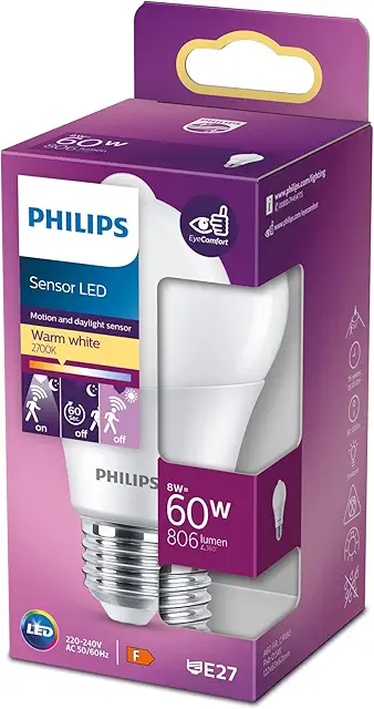 Philips LED Lampa med Rörelsesensor - 60W, Varmvitt Ljus, 15000h Livslängd