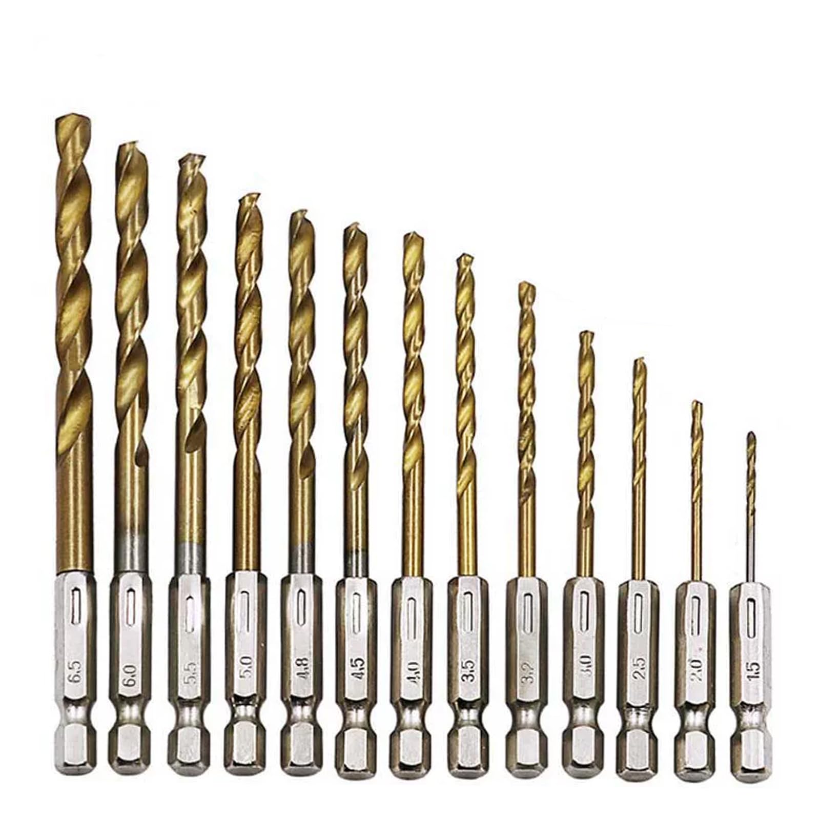 Juego de 13 Brocas Hexagonales de Acero de Alta Velocidad con Recubrimiento de Titanio para un Taladrado Preciso en Madera, Metal y Plástico – Variedad de Tamaños de 1,5 mm a 6,5 mm para Aplicaciones