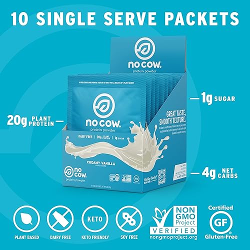 Miniatura 4 de No Cow Proteína vegana en polvo, vainilla, 0.71 onzas de proteína a base de plantas, paquetes de una sola porción, sin lácteos, sin soja, sin azúcar