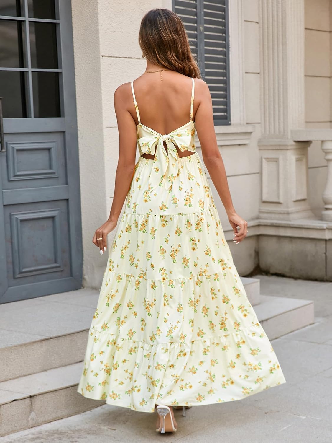 HTZMO Women Casual Summer Floral Maxi Sundress V Neck Spaghetti Strap Bow Tie Backless Flowy Boho Beach Long Dress 2026 - Image 7