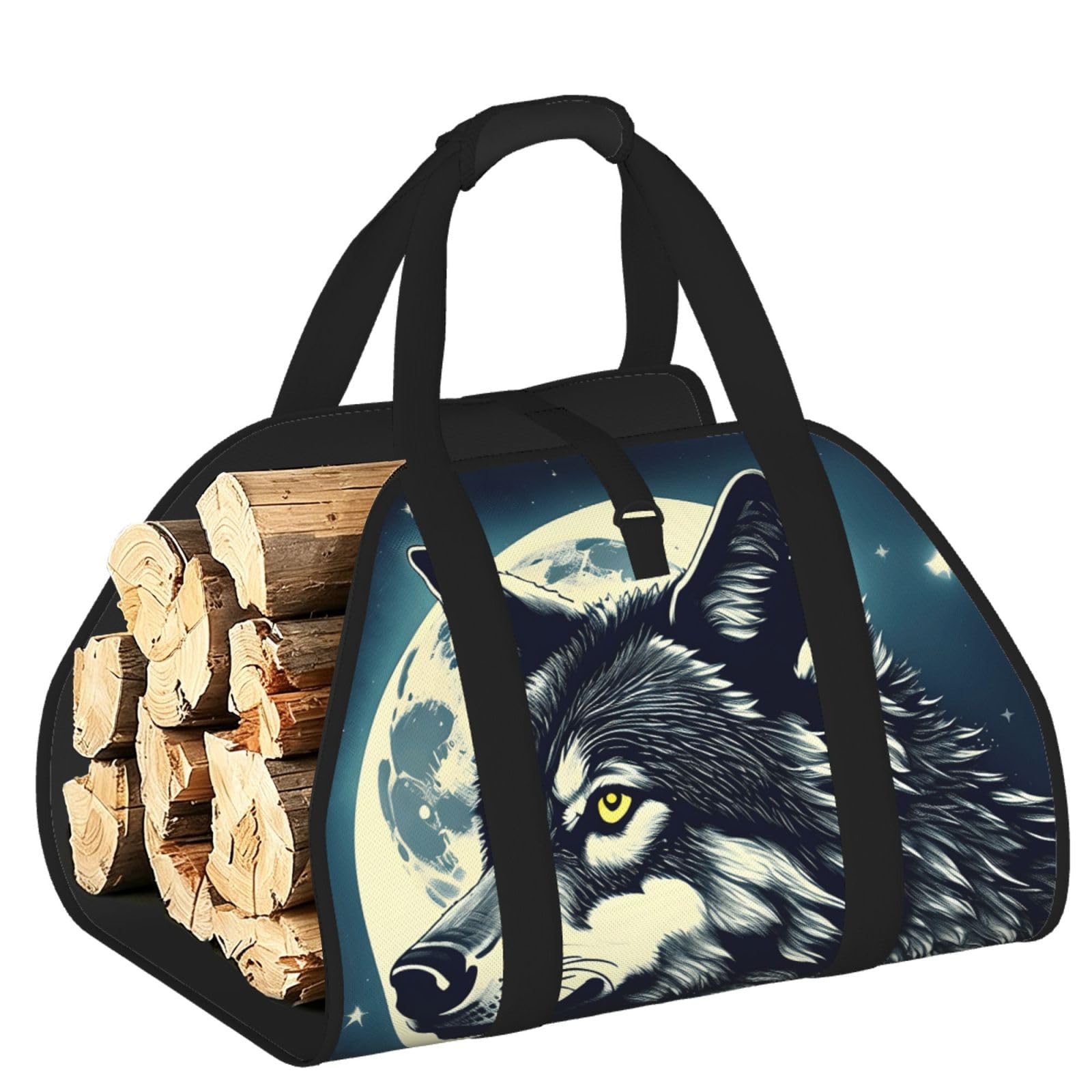 Wolf Night Moon Printed Firewood Carrier Bag, Log Tote with Open-Ended Design for Camping Outdoor Wood Hauling