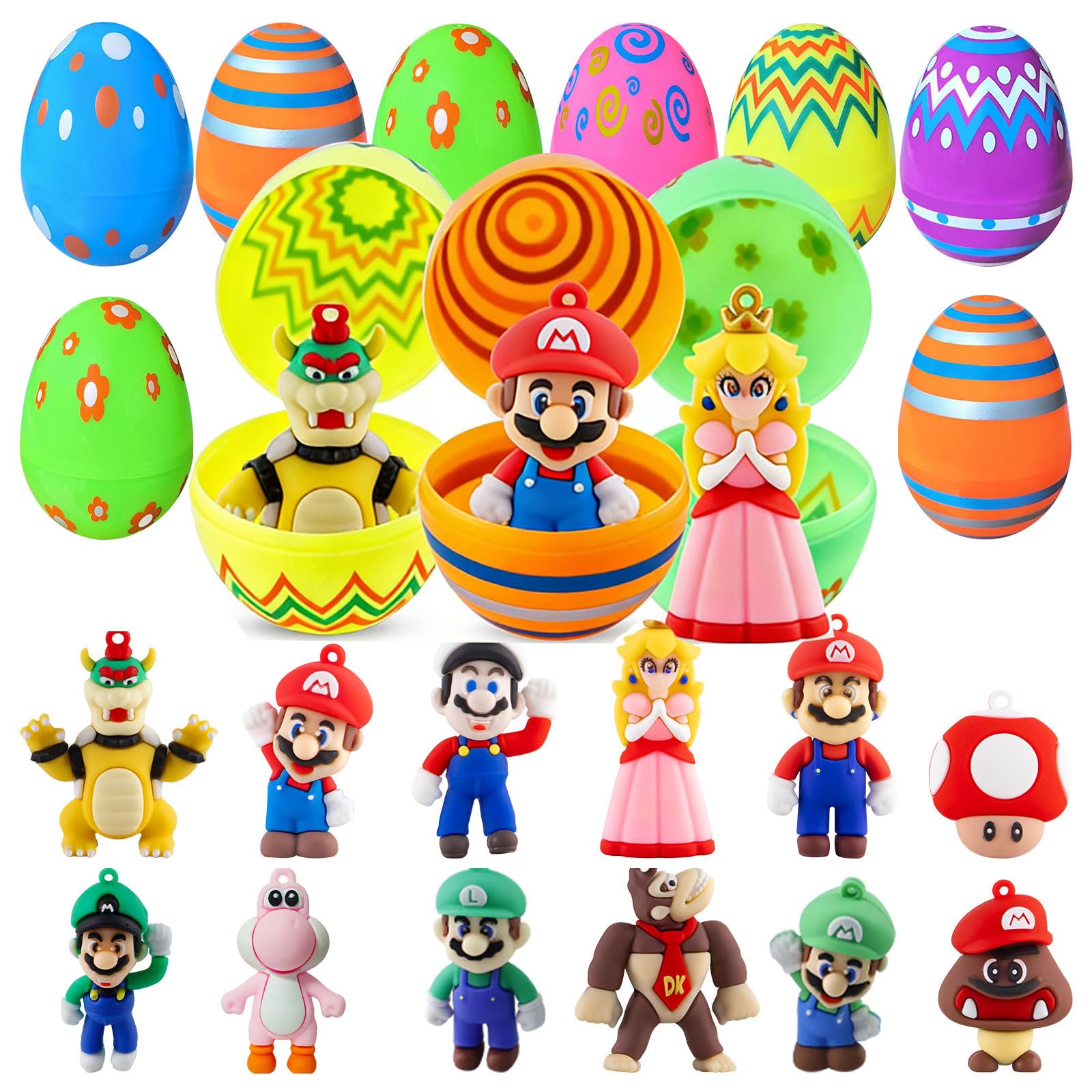 Dowdiles 12 Stück Gefüllte Ostereier mit 12 Cartoon Figuren Set,Plastikeier zum Befüllen,Befüllbare Ostereier Gefüllt mit Spielzeug,Ostergeschenke