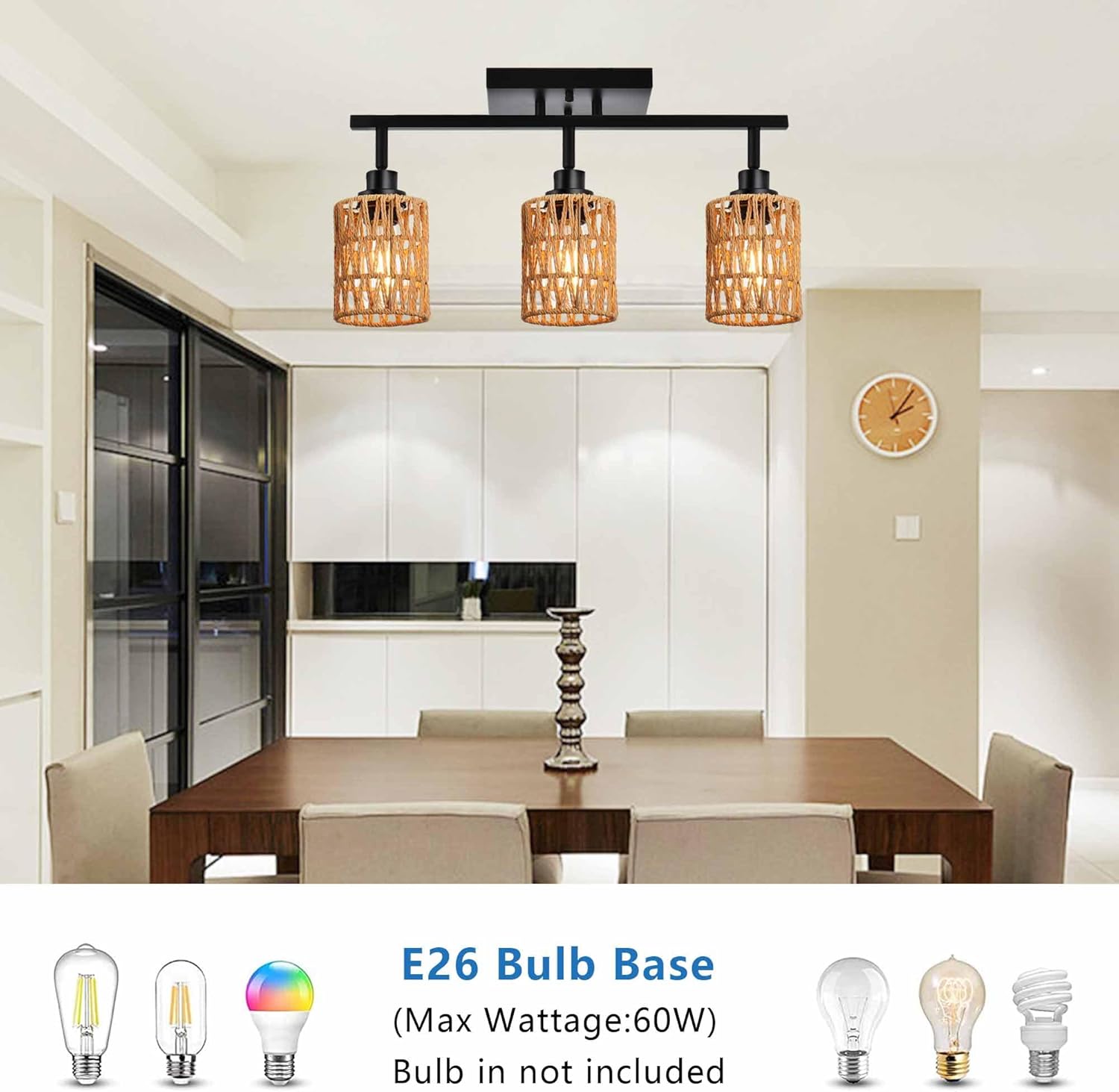 MELUCEE 3 Light Track Lighting Fixtures Ceiling, Black Farmhouse Vanity Lighting Fixtures with Rotatable Light Head for Hallway Porch Foyer Bath Storage, Rattan Lamp Shade