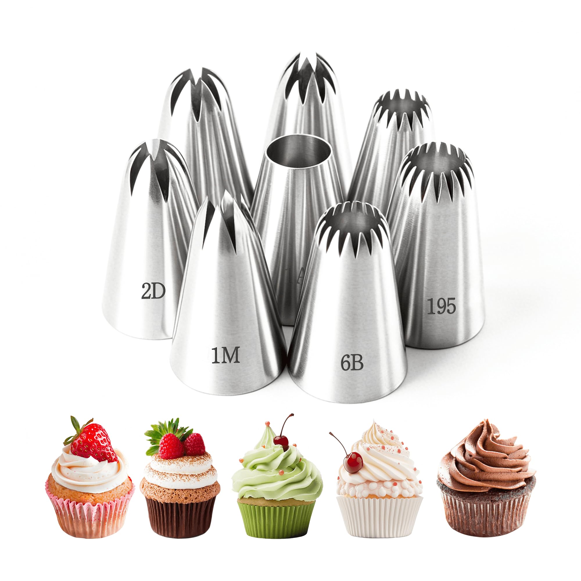 8Pcs Large Piping Tips Set, 304 Stainless Steel Cake Piping Tips, Pastry Frosting Icing Tips for Decorating Cookies, Cupcakes & Birthday Cake, Dishwasher Safe