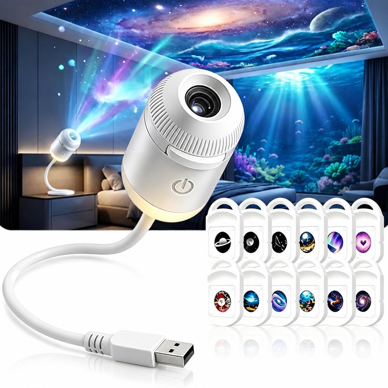 HD Smart Dynamic 5D Holographic Night Light Projector, Plug and Play HD Star Projector with 3/6/12/24 Projection Films, Plug-and-Play, 360° Adjustable, USB Powered, Starry Sky Planetarium (12 Films)