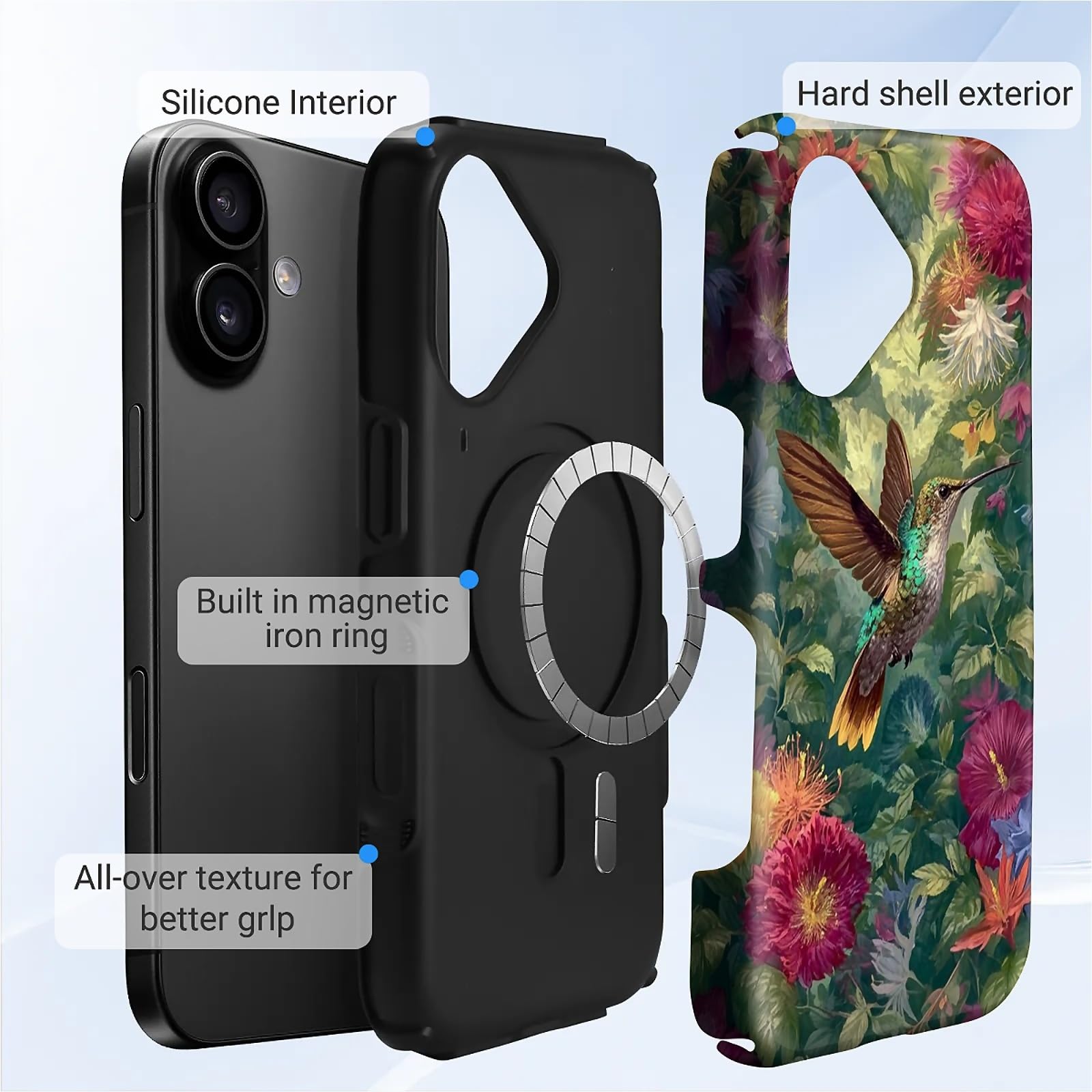 CARLOCA per iPhone 16 Compatibile con Magsafe Custodia protettiva integrale per ragazza ragazzo antiurto ricarica magnetica motivo elegante colibrì volante fiori colorati