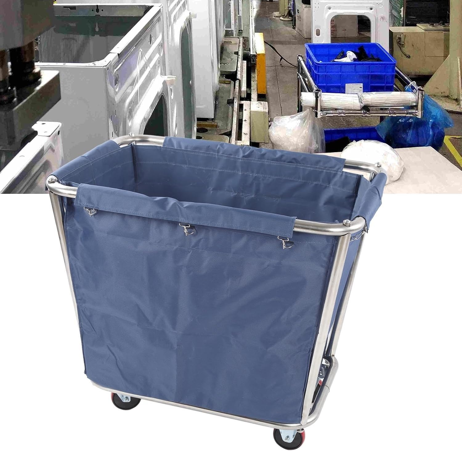 Carrello portabiancheria su ruote, resistente, in acciaio inox, 350 l, per uso alberghiero e alberghiero