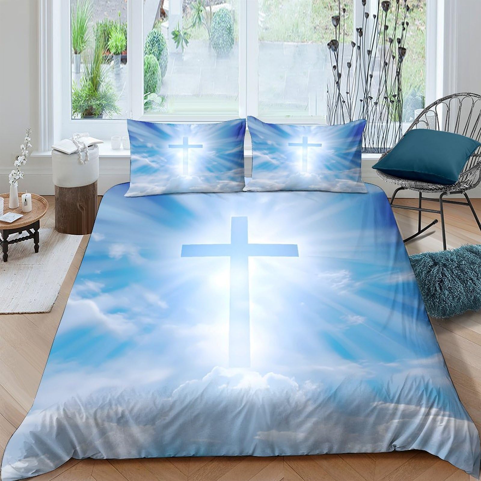 Ctjqhvkz Style-6 3D Printed Blue Sky Cross Fitted Sheet Microfiber Soft Breathable White Cloud Bed Cover For Bedroom Guest Room Decor Single（135X200cm）