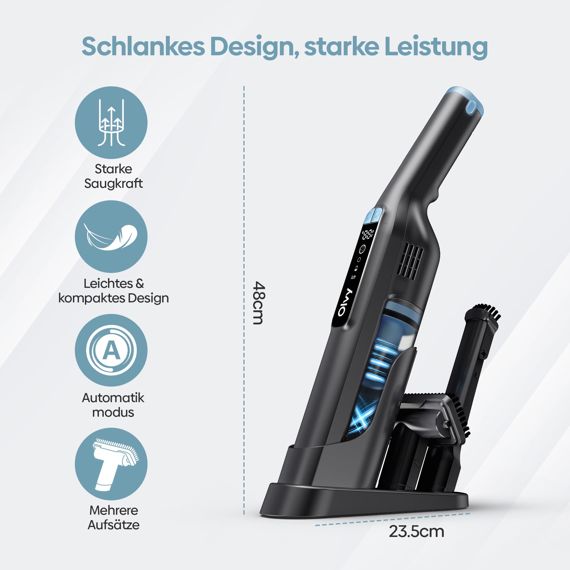 Olvy HC32 PRO Handstaubsauger Kabellos – 250 W, 22 kPa Starke Saugleistung, 3 Saugstufen, bis zu 35 Min Laufzeit, LCD-Display, HEPA-Filter, Autostaubsauger mit Zubehör für Haus & Auto