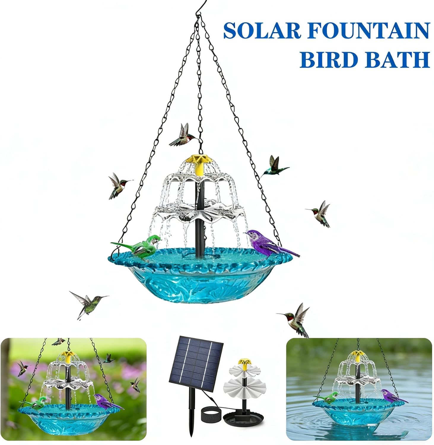Solar Cascade Hanging Bird Bath Fountain, Outdoor Hanging Bird Bath with Solar Fountain, Hanging Birdbath with Solar Fountain, with Solars Pump & Glass Bowl, for Outdoor, Gardens (Double Layer-B)