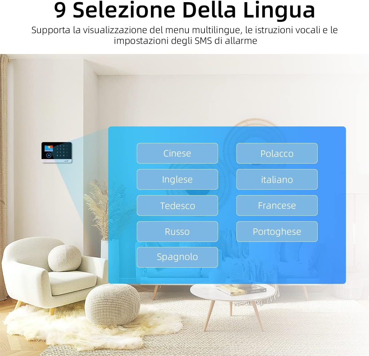 PGST alarm system display showing multiple language options for menu and voice prompts.
