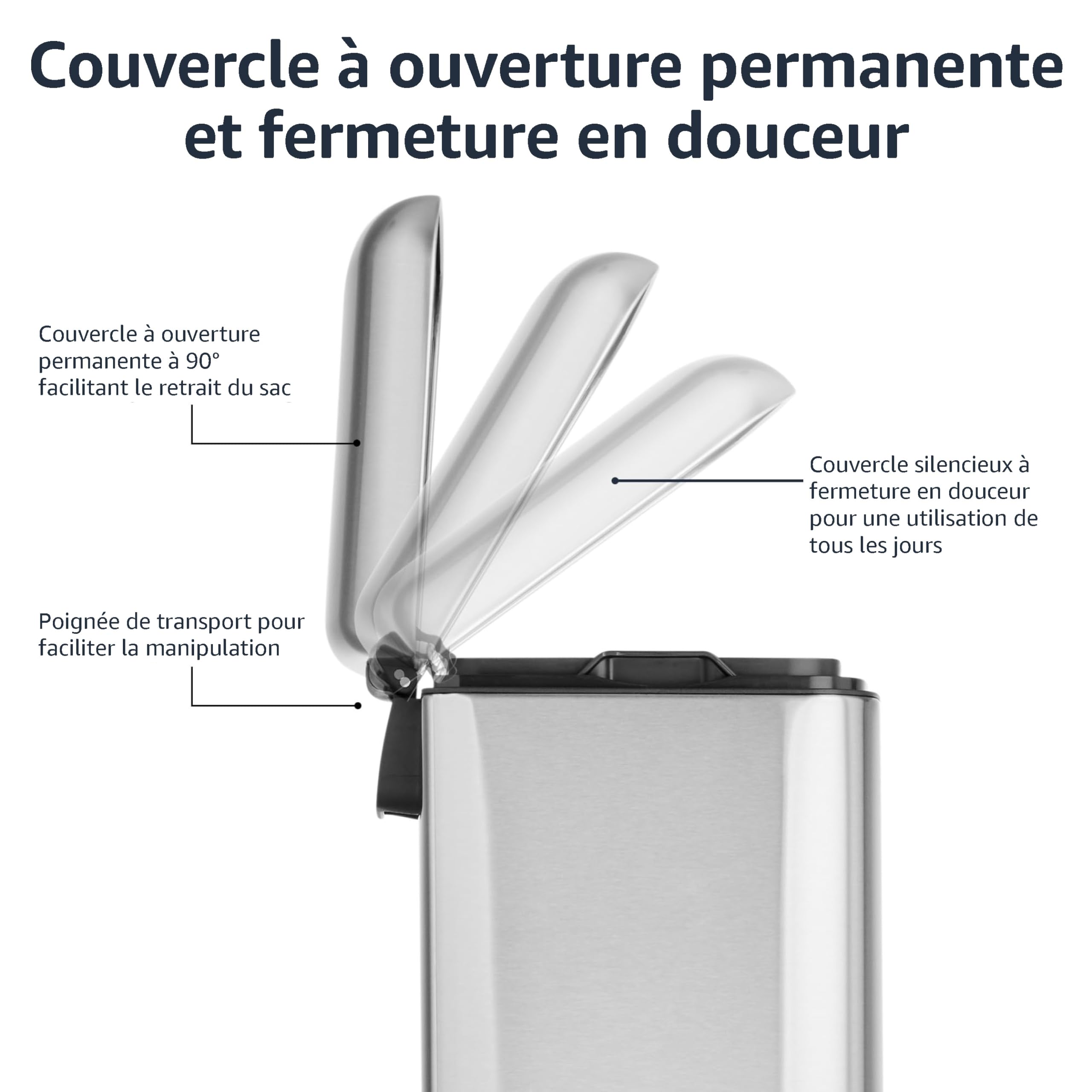 Amazon Basics Petite poubelle rectangulaire résistante aux taches avec pédale, fermeture en douceur, pour salle de bain, chambre à coucher, salon ou bureau, 20 l, nickel