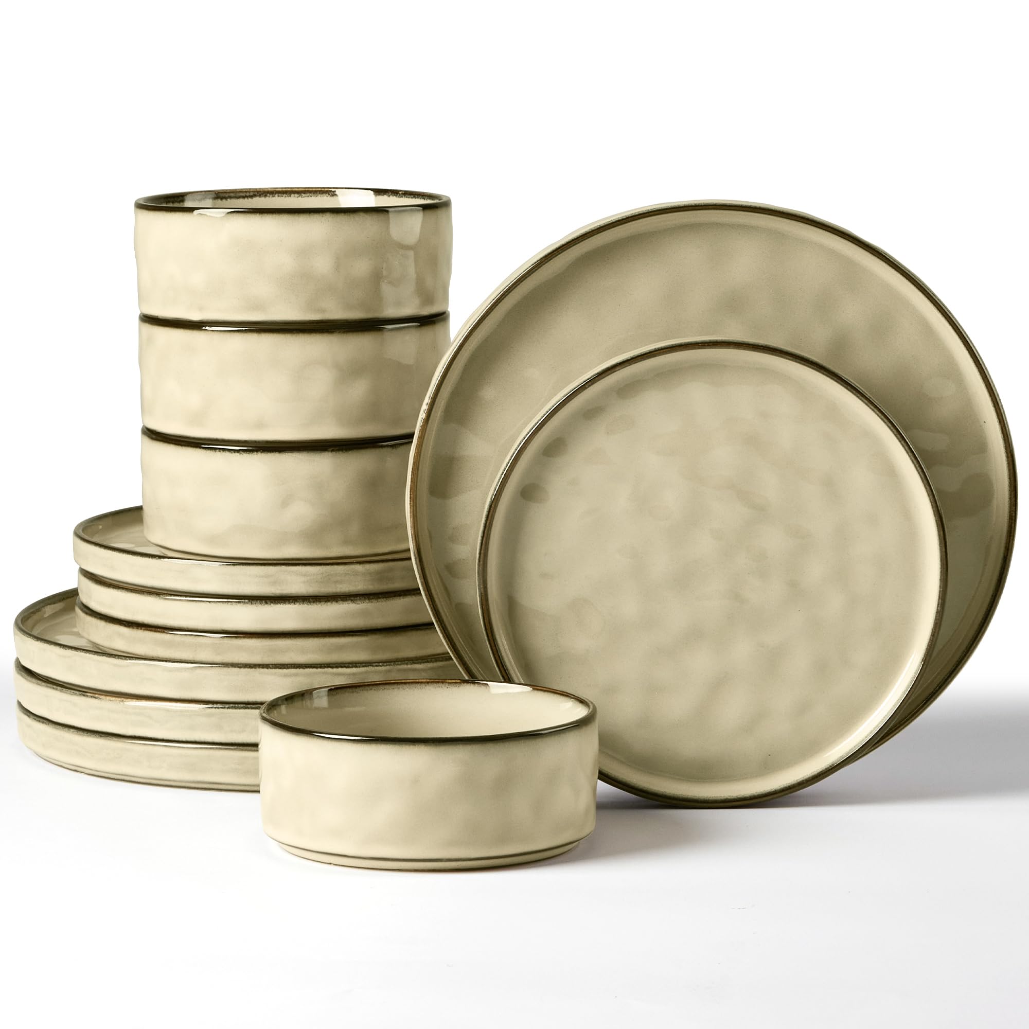 Herogo 12 Piece Dinner Set, Stoneware Dinnerware Sets for 4 People, Reactive Glaze Dining Plates and Bowls, Microwave and Dishwasher Safe, Chip and Scratch Resistant, Sandy Beige — image 1