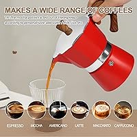 Vista 6 de Cafetera de aluminio con 3 tazas de 5.1 fl oz Moka Pot Express, estufa de café expreso, colorida cafetera italiana, estilo clásico, Greca Café, Rojo