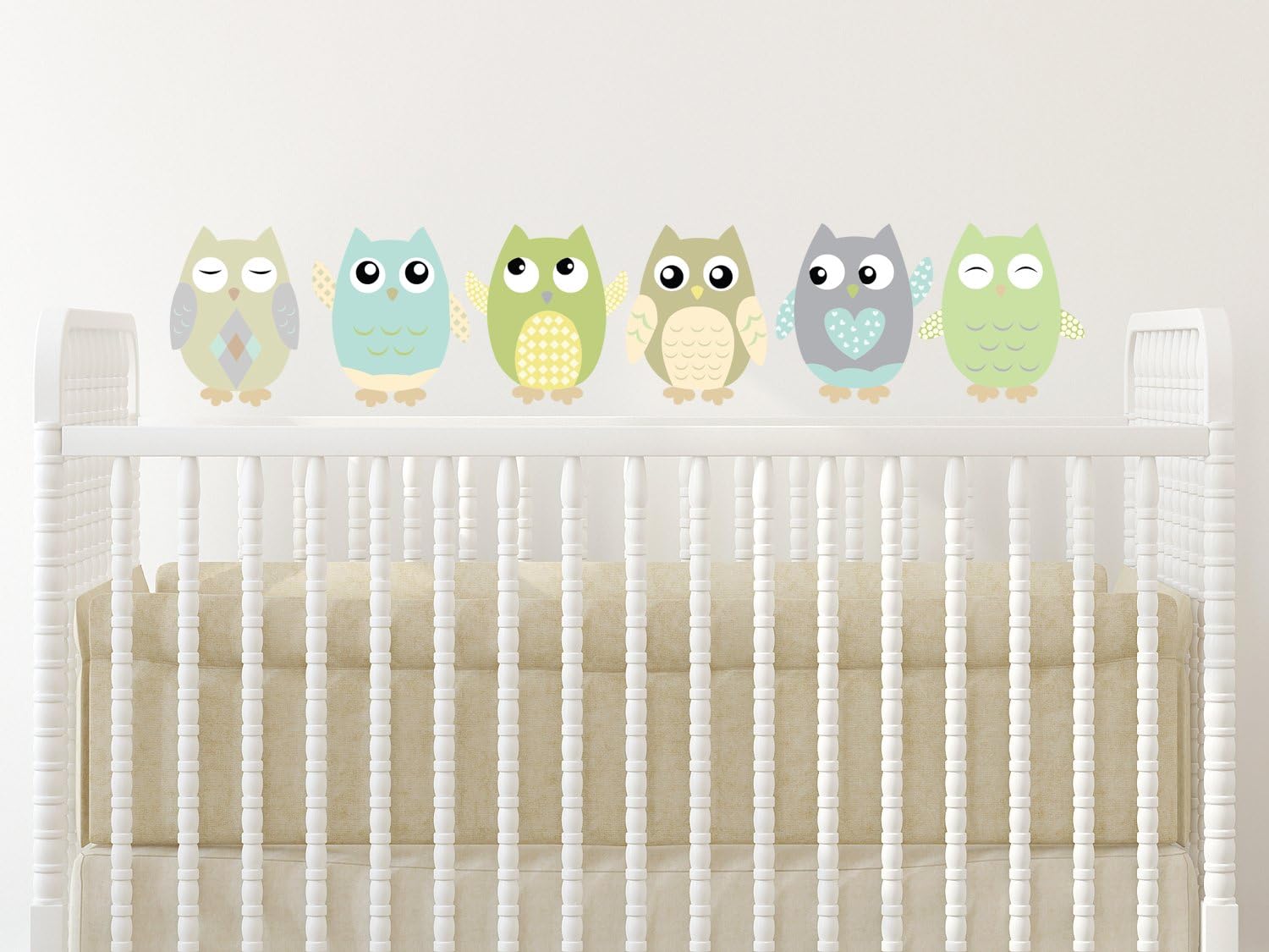 Owl Fabric Wall Decals, Set of 6 Owls Wall Stickers, Green, Taupe, Grey, Available in 4 Different Sizes, Non-Toxic, Reusable, Repositionable