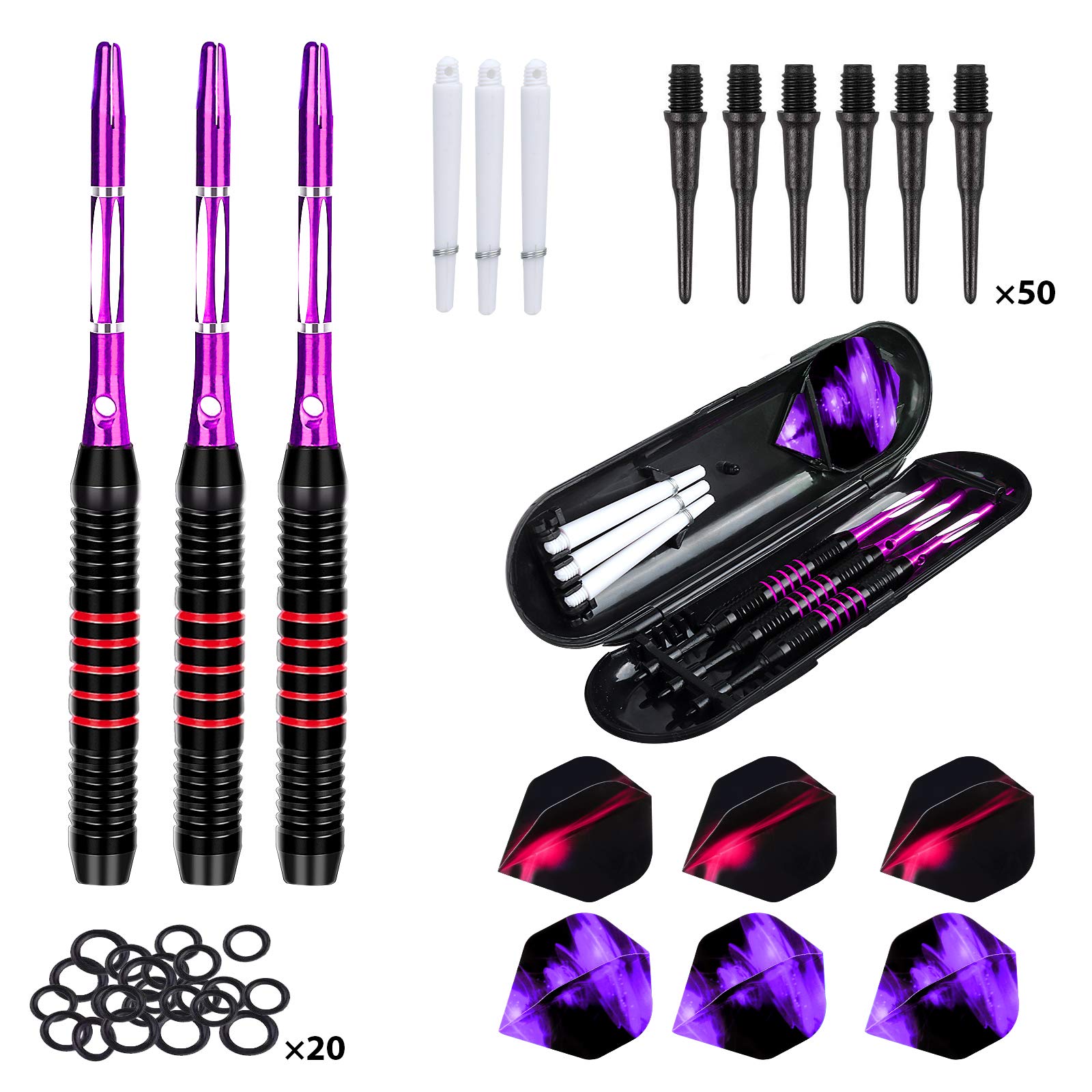 Freccette Professionali Punta Plastica 18g, Set di Freccette Elettronico per Bersaglio Elettronico con 6 Voli e 50 Punte Morbide di Freccette + 20 O-Anelli (Viola)