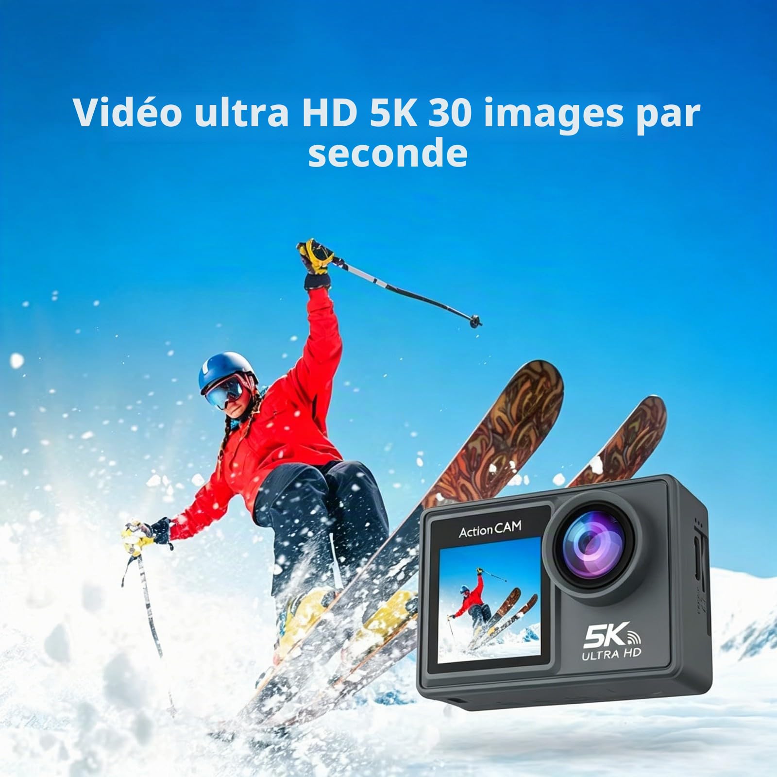 Kersens Caméra Sport + 64gb Memory Card, Caméra Étanche IP68 Vidéo 5K Grand Angle avec Double Écran (Grey,64G)