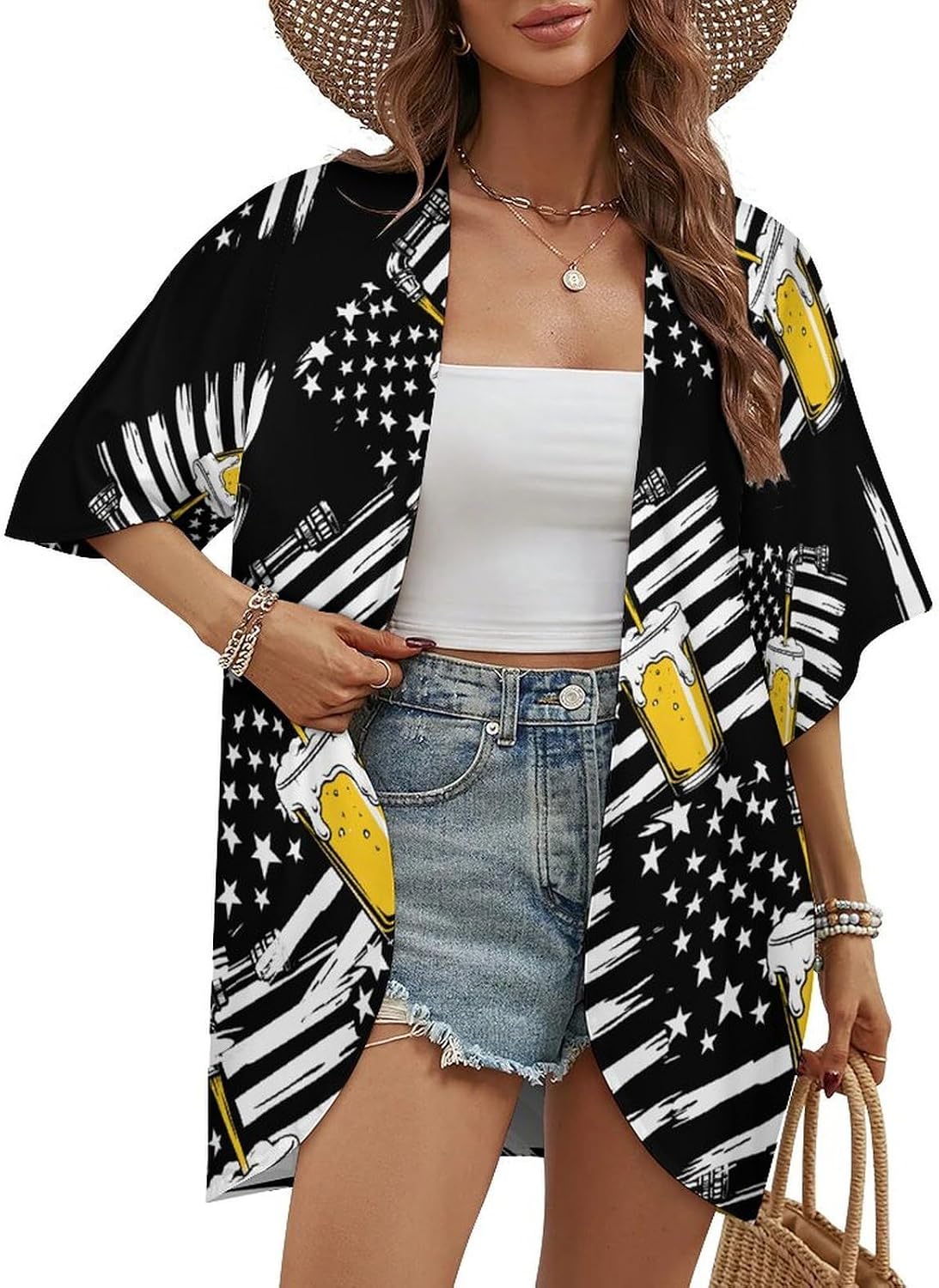 Craft Beer USA Flag 4th July Women's Open Front Cardigan Short Sleeves Jacket Lightweight Sweaters Tops