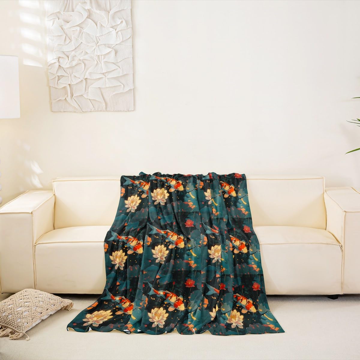 Homewish Uroczy pokrowiec na kanapę z rybą koi lilie wodne pokrowiec na sofę japońskie zwierzę kanapa ochraniacz liście lotosu ochraniacz na sofę, 180 x 300