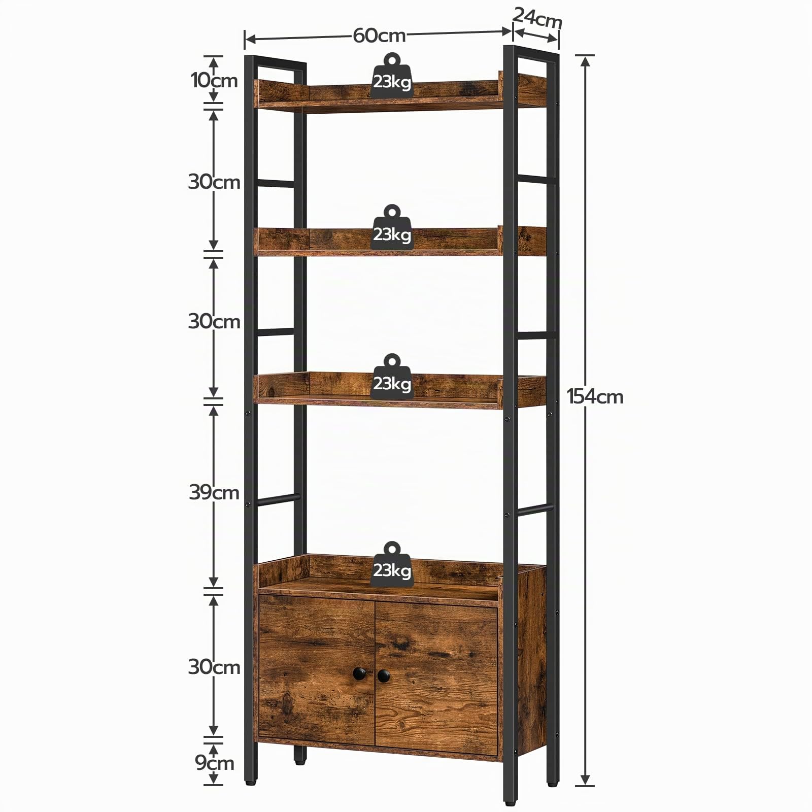 HOOBRO Estantería con 4 Niveles, Librería de Estilo Industrial de Madera con Taquilla, Estantes de Almacenamiento con Bordes Alrededor, para Oficina de Casa, Sala de Estar, Cocina EBF46SJ01