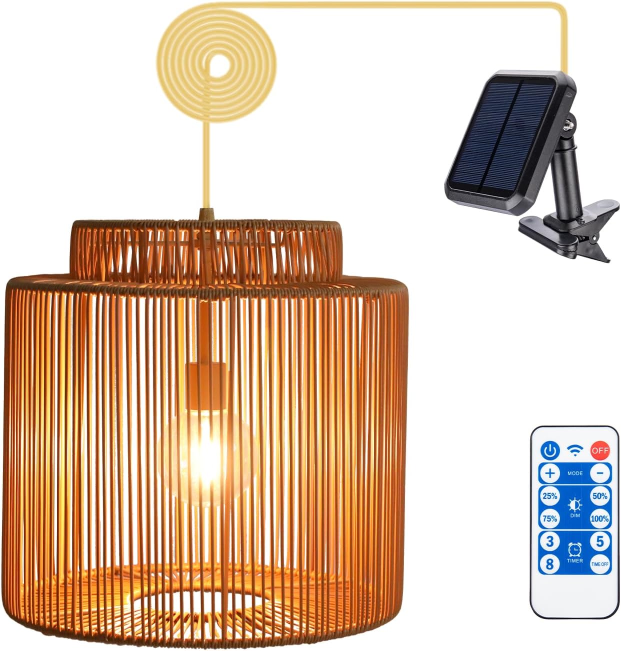 Solar Ranttan Drum Outdoor Chandelier, 11.8" Large Pendant Lights Rattan Solar Hanging Lights Rattan Ceiling Light with Remote 4 Modes Lighting Waterproof Lighted for Garden Porch Patio Kitchen