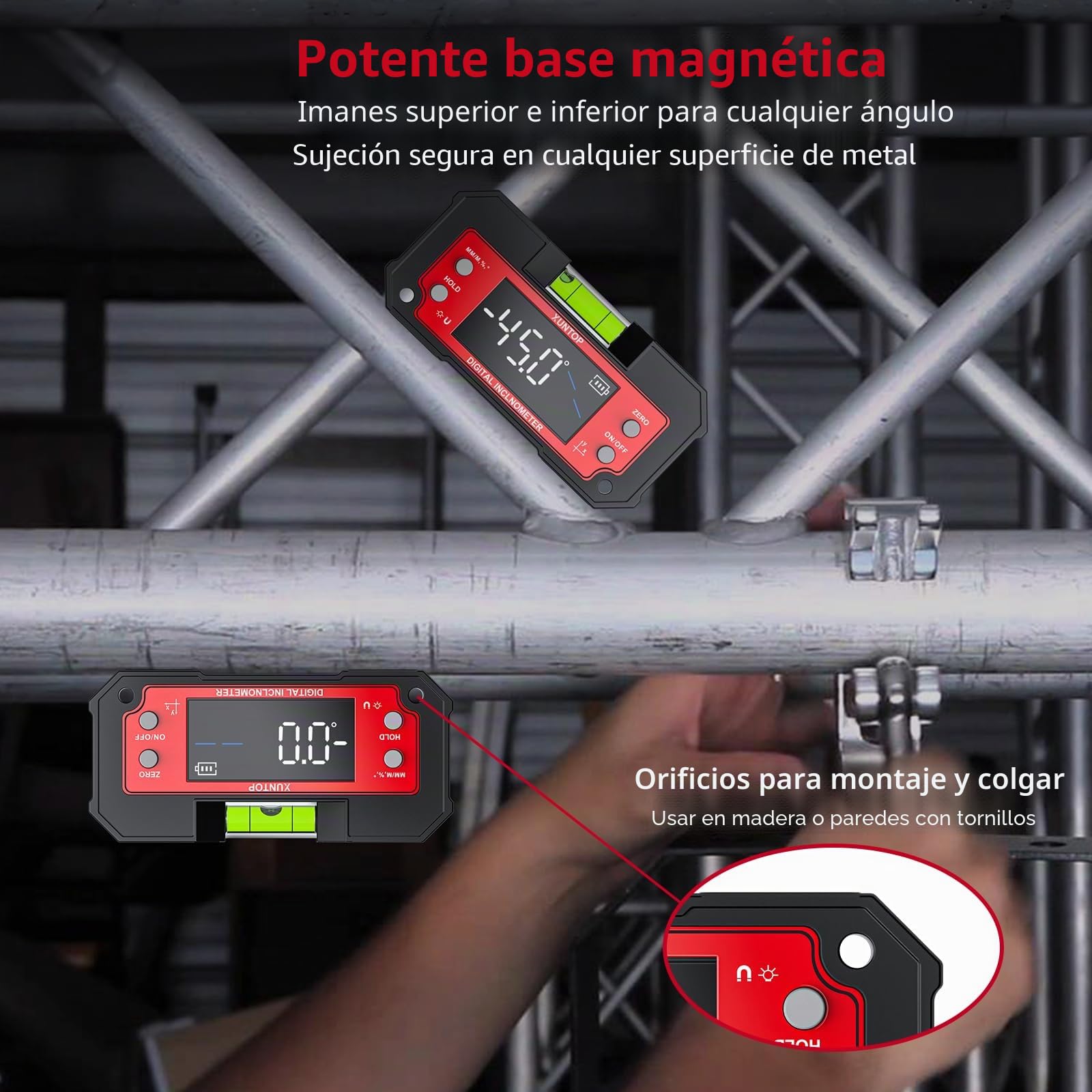 XUNTOP Inclinometro Digital de Doble Eje Eje X 4×90°/ Eje Y ±60° Transportador Digital con Nivel de burbuja Buscador de Ángulo Recargable con Imanes en 2 Lados para Carpintería Construcción Bricolaje