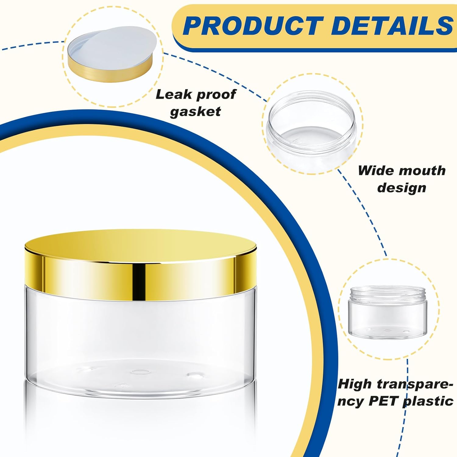 Dandat 24 Pcs 8 oz Plastic Jar Container with Gold Lid and Label Refillable Empty Round Clear PET Cosmetic Sample Slime Containers for Lotion, Cream, Ointments, Body Butter, Makeup Travel Storage
