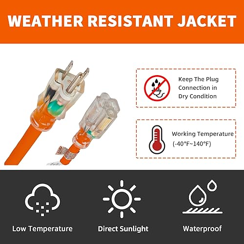 Miniatura 15 de Cable de extensión iluminado para exteriores 12/3 de 6 pies, calibre 12, 3 puntas, SJTW, resistente cable de extensión rojo neón con enchufe de 3