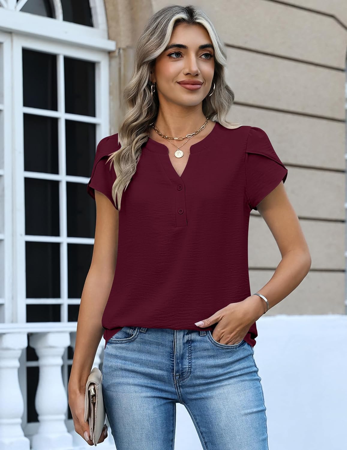 Zeagoo Womens Tops Dressy Casual Textured Blouses Cap Short Sleeve Shirts V Neck Button Up Summer Spring Work Tshirt Clothes - Image 4