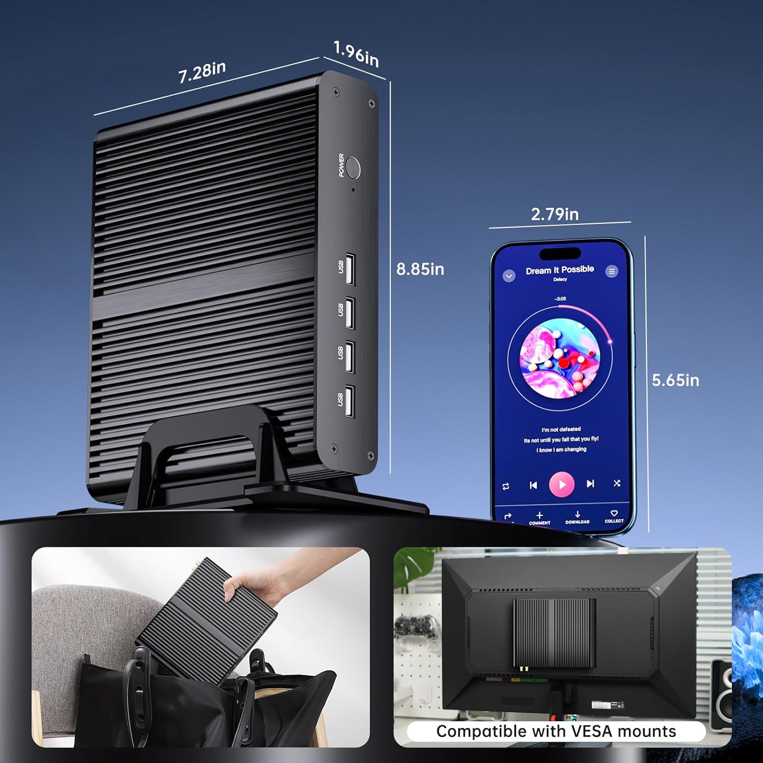 Fanless Mini PC, Desktop Computer i7-1165G7 2.8-4.7GHz, Win-11 Pro, 32G DDR4, 1T NVME SSD, Iris Xe Graphics, HD/DP, Dual Display, 8K/4K@60Hz, WiFi6, BT5.2, VESA, WOL, Full Metal Case