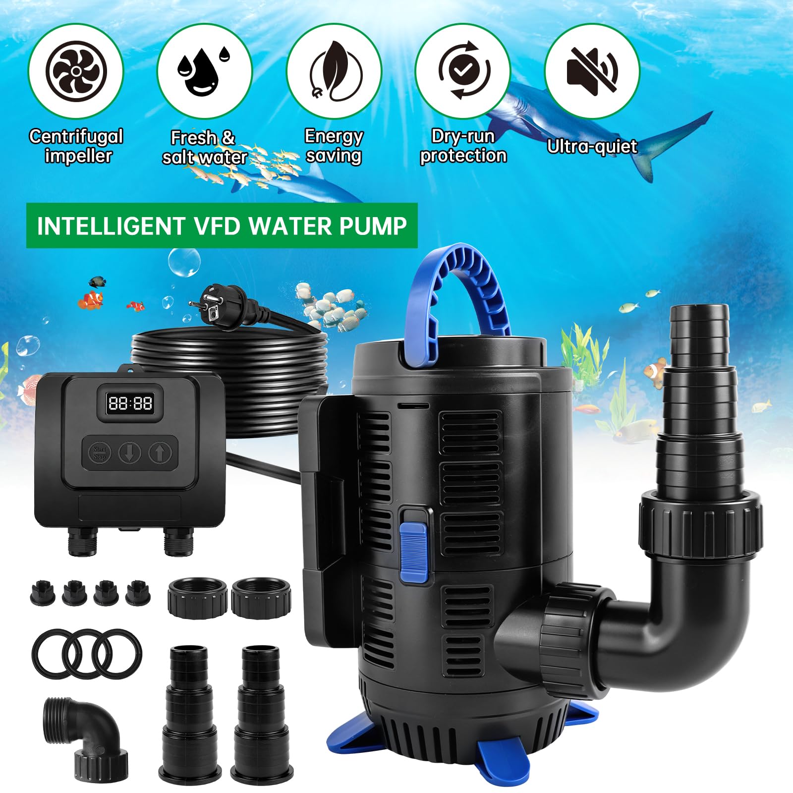EXLECO Pompa per laghetto regolabile per esterni, 15000 l/h, 37 W-180 W, regolabile con regolatore multifunzionale, pompa per filtri, laghetti da giardino, pompa per laghetti da giardino, fontana