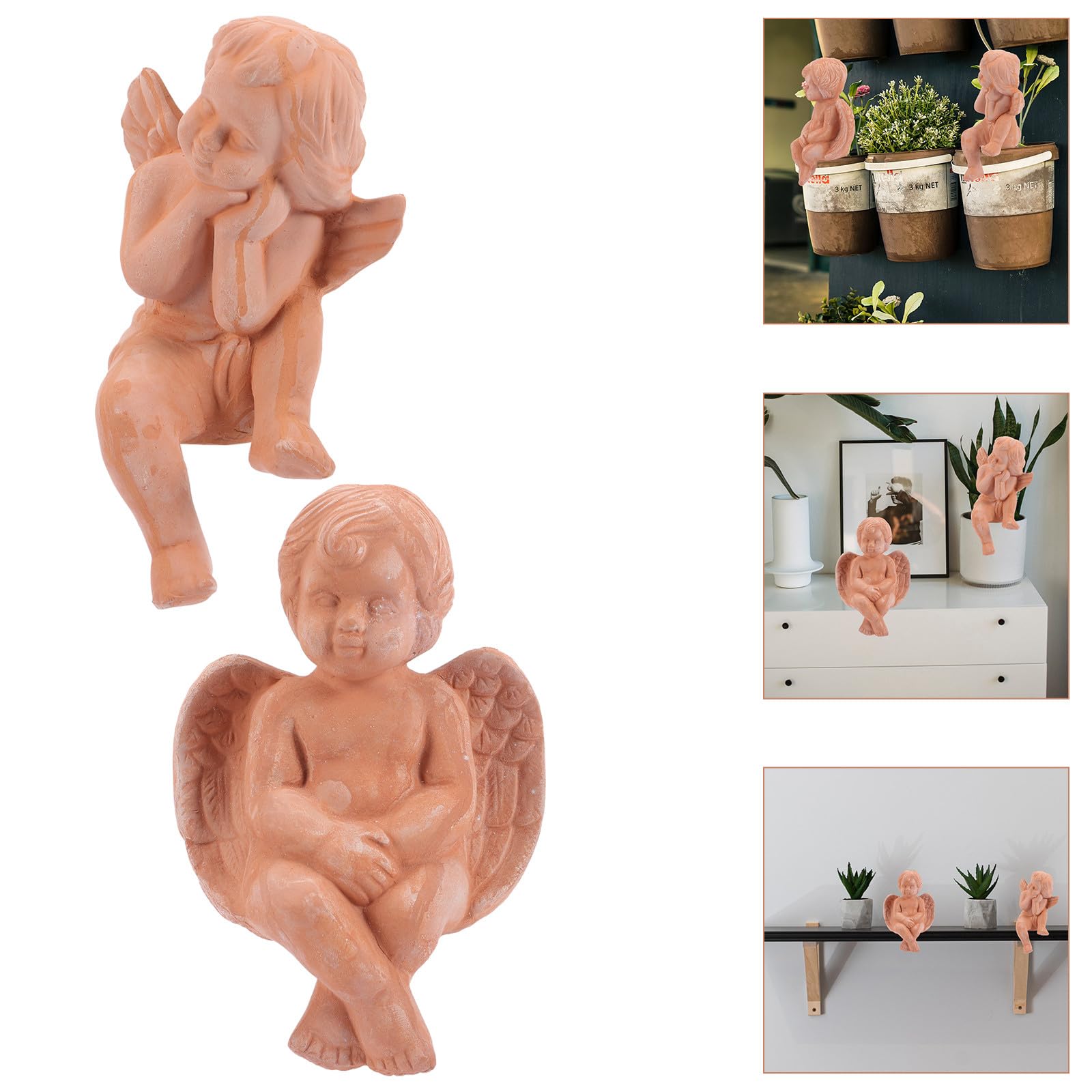 Statua di Angeli in Ceramica 2 Pezzi per Decorazione Casa e Ufficio, Scultura in Terracotta Resistente e Adorabile per Vasi e Arredamento da Tavolo