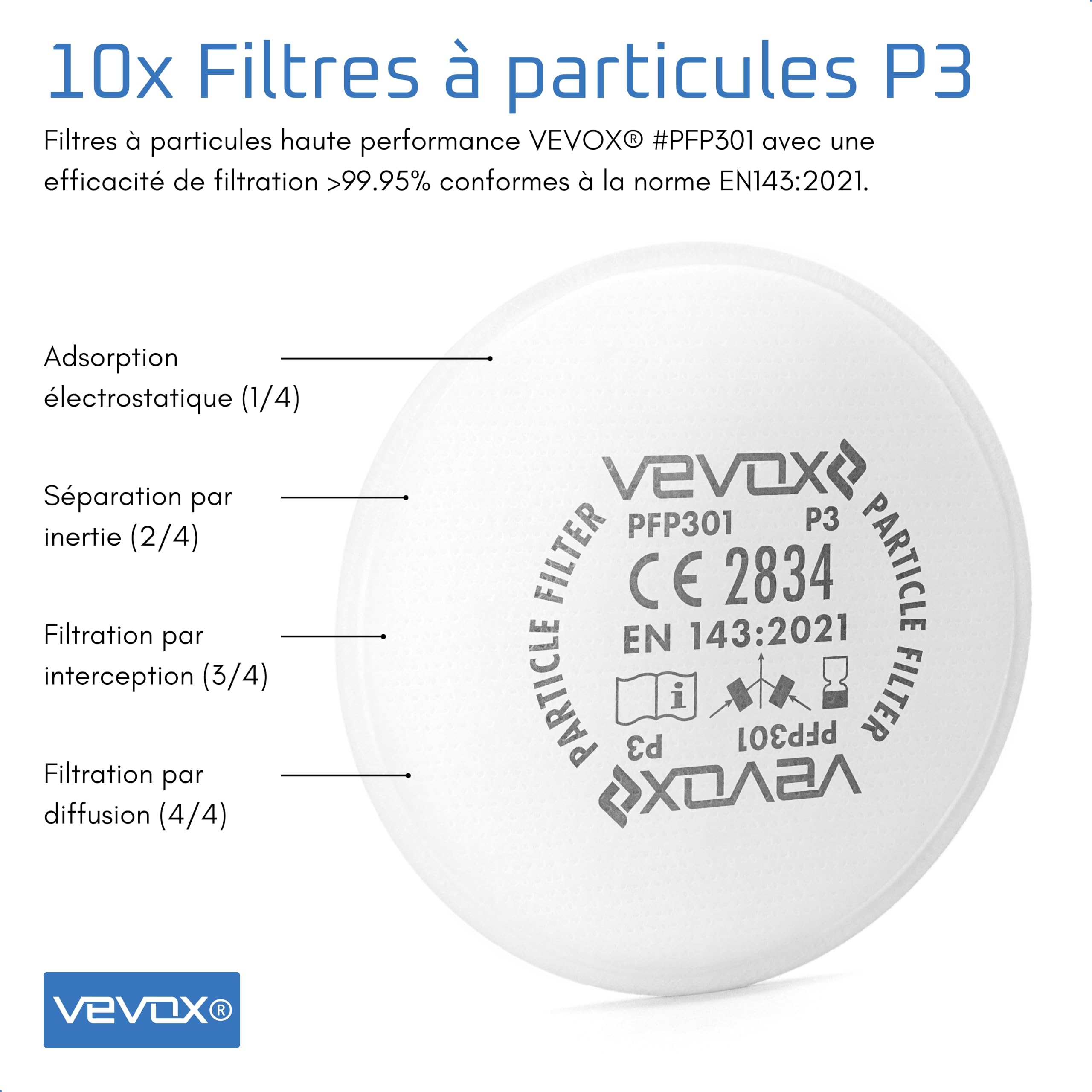 VEVOX® P3 Filtre à Particules en Set de 10 - Protection Contre Les Particules & aérosols - 99,5% d'efficacité de Filtration des Particules & aérosols (0,6μm) - 2 x conteneurs en Plastique Inclus