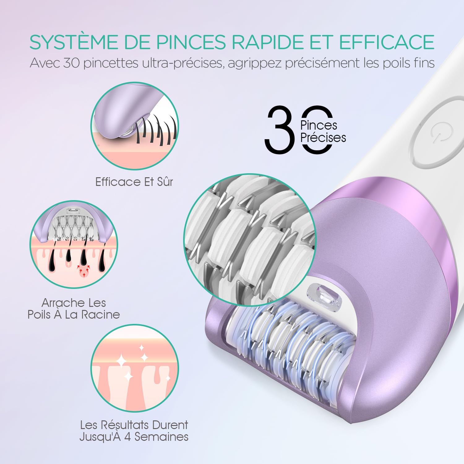 VOYOR Épilateur Électrique Femme, Epilation avec Tête De Rasage Et Tondeuse pour l'épilation du Corps, Rechargeable et Sans Fil, Humide et Sec, Couvert 30 Pinzetten, Lumière LCD BM300 (Violet)