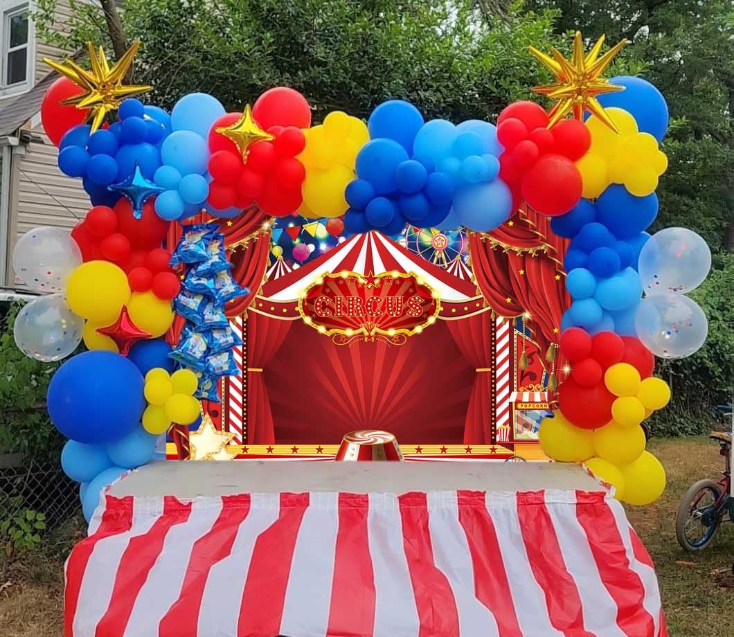 Renaiss 2.2x1.5m Rouge Blanc Cirque Toile De Fond Nuit Ciel Carnaval Grand Chapiteau Photographie Fond Bébé Douche Enfants Fête D'anniversaire Décoration Fournitures Vinyle Photo Studio Accessoires