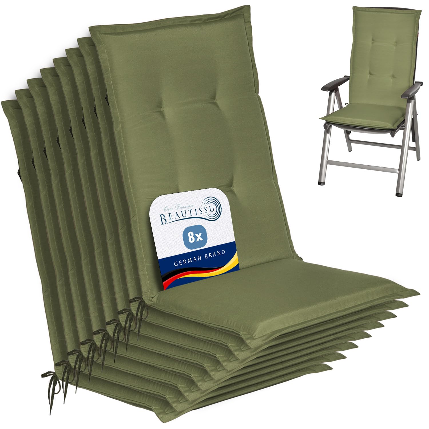 Beautissu Highback Outdoor Chair Cushions 120x50x6 cm Loft HL - Set of 8 Seat Cushions for Garden Chairs with Backs Recliner Patio Chair Sunbed Bench - Olive Green
