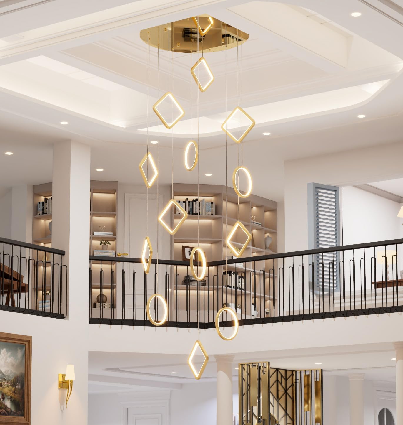 22" Dia x 138" H Modern 15-Light LED Spiral Chandelier, Acrylic Pendant Lighting Fixture for High Ceilings, Staircase, Foyer, Living Room, Warm Light, Adjustable Height, Gold Finish