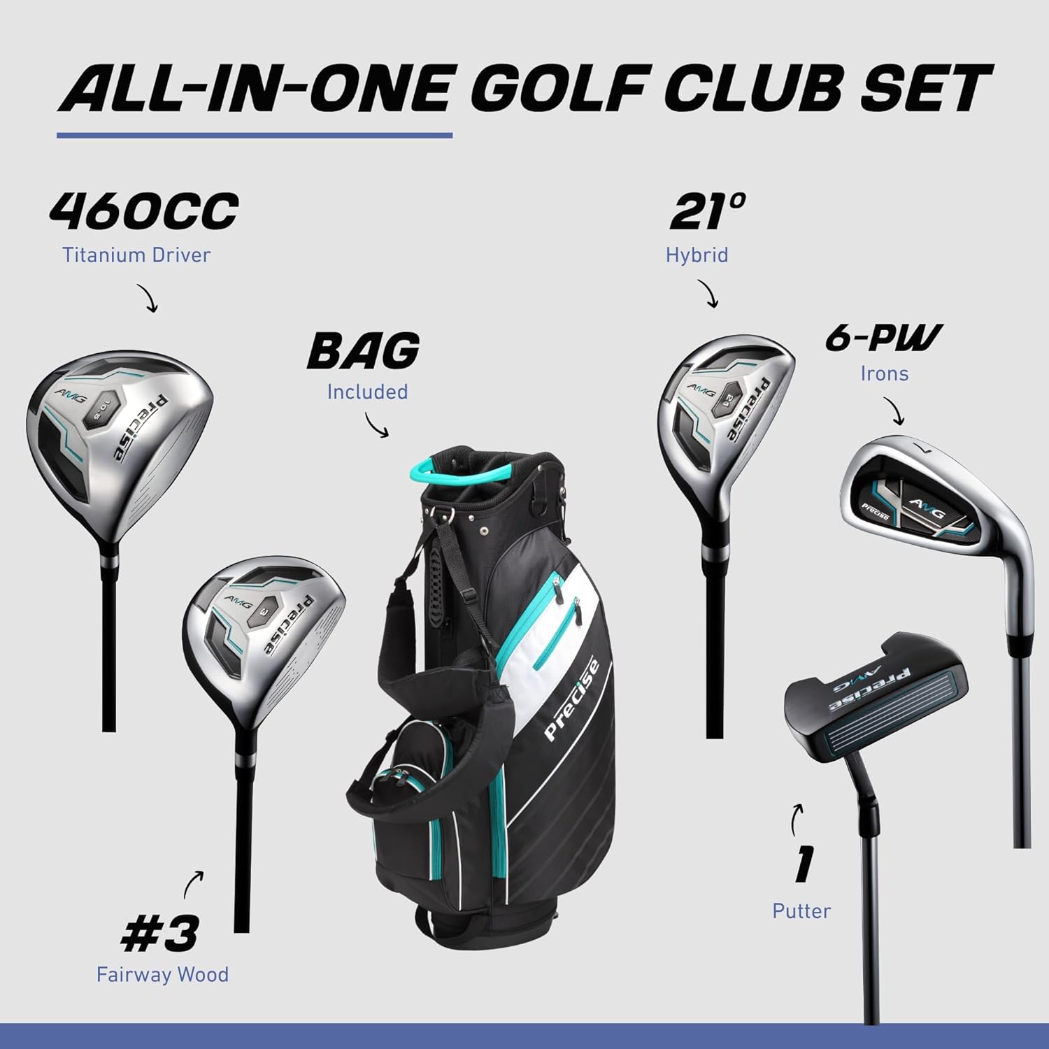 Precise AMG Men’s 14-Piece Golf Set – Titanium Driver, Wood, Hybrid, 6-PW Irons, Putter, Stand Bag, 3 Headcovers and Cover – RH - Image 2