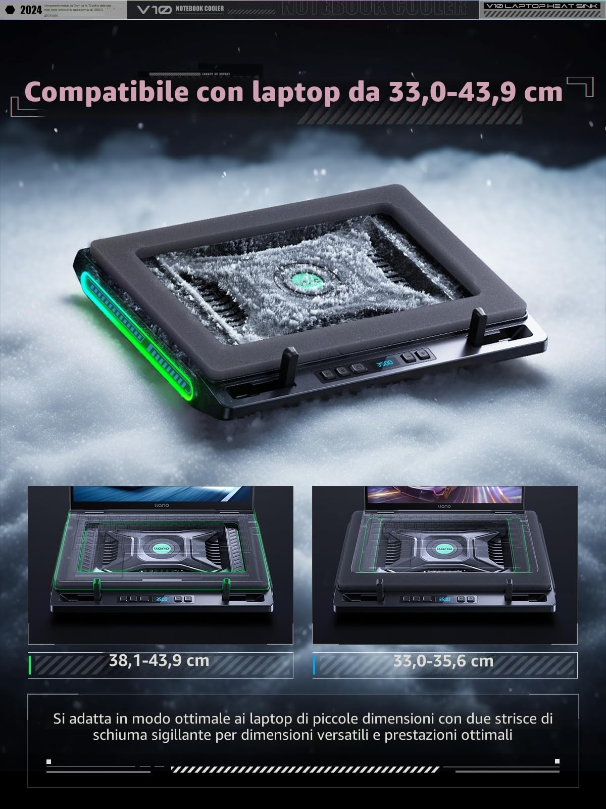 llano RGB gaming laptop cooling pad cooler con potente ventola esterna turbo da 4,72'', raffreddamento rapido per computer notebook 13-17,3'' key control 3 supporti regolabili 4 porte USB C&A.