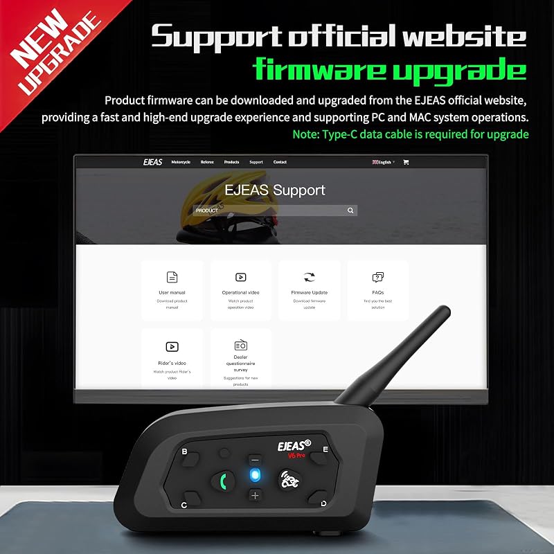 EJEAS V6 Pro+ Bluetooth motoros sisak intercom 6 fő csatlakozáshoz, 5.1 kommunikációs rendszer