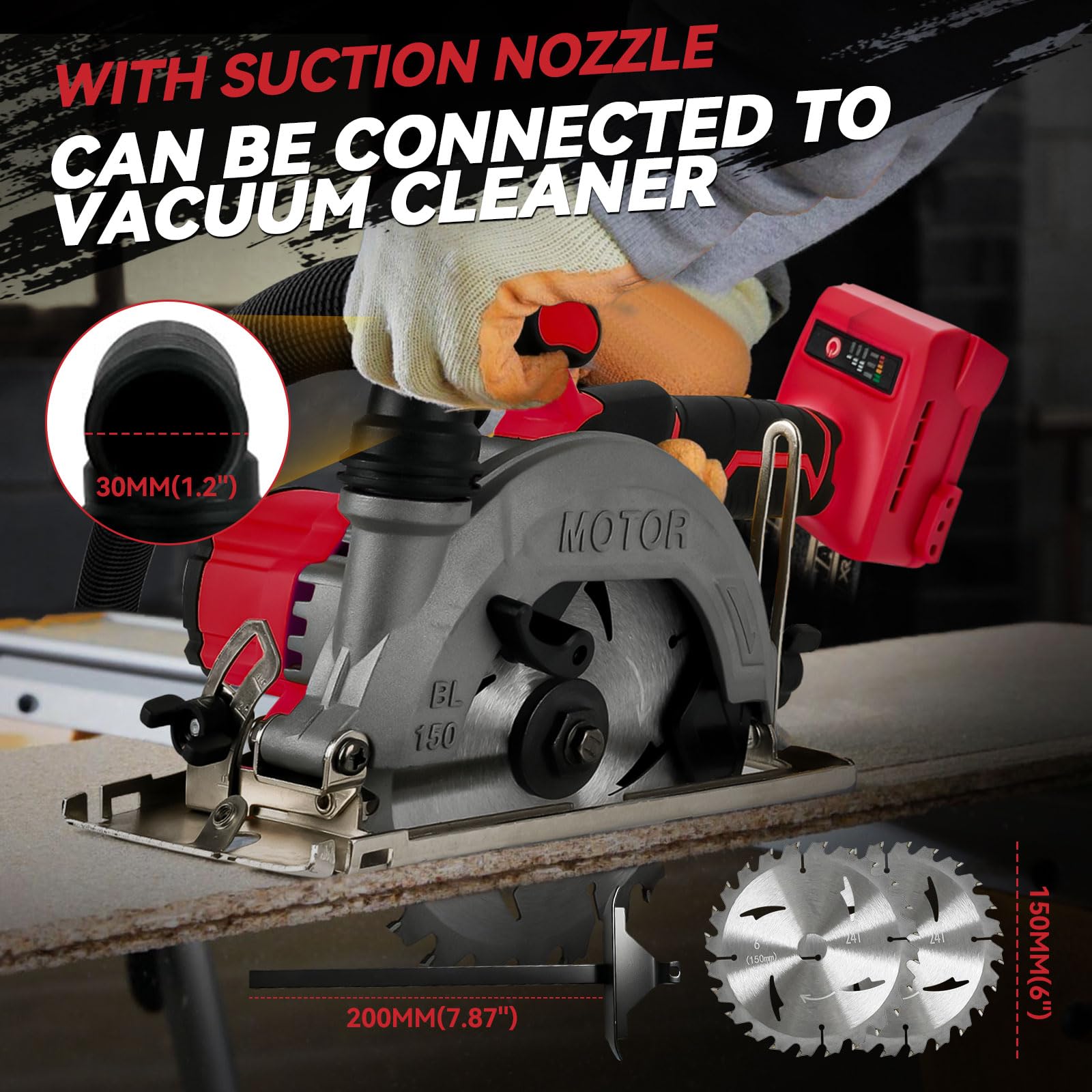 Sega circolare senza fili da 15 cm, compatibile con Milwaukee M18, 6200 giri/min con 2 lame 150 mm, profondità di taglio 50 mm, smussatura 0-45° per taglio di legno, plastica, piastrelle (rosso per